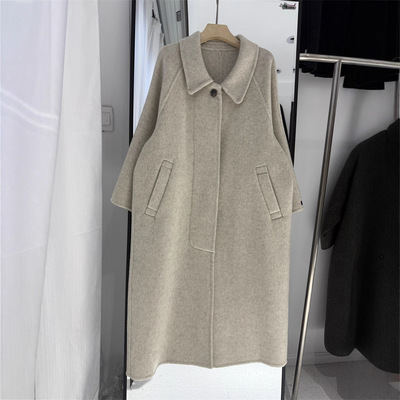 25秋冬新款双面毛呢大衣女纯色翻领长袖宽松长款外套气质通勤