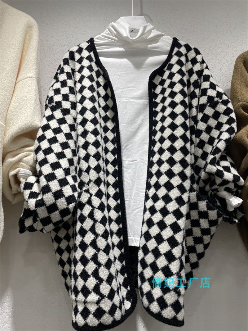 2022早秋冬外套珍珠绒抗起球针织开衫百搭圆领领商场同款通勤格子