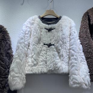 皮草名媛牛角扣拼接鹿皮绒2024秋冬小香风圆领短款 新 上衣洋气女装