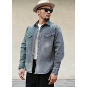 加厚重磅西部风条纹牛仔衬衫 男 休闲条纹衬衣男士 沾酱 长袖 咔叽潮