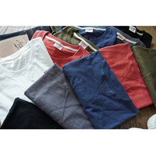 沾酱 竹节纱打底T恤男 复古纯棉 纯色圆领T 夏新品短袖 复古咔叽