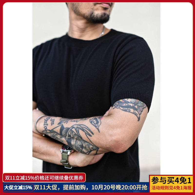 沾酱毛织圆领短袖男复古T恤