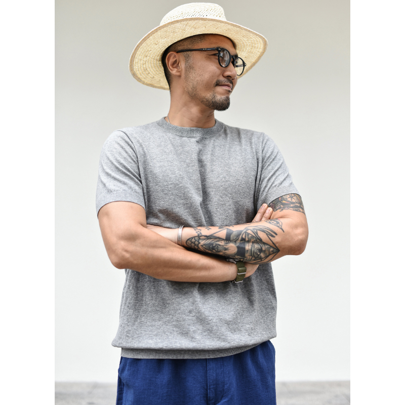 沾酱 毛织花纱圆领短袖男 夏季宽松上衣 复古咔叽 针织休闲