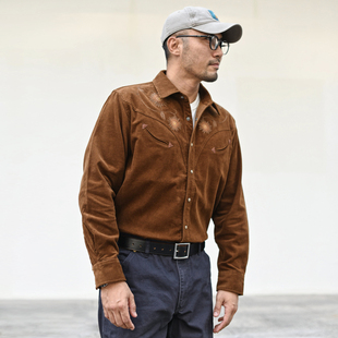 纯色休闲秋冬衬衣工装 沾酱 长袖 男士 咔叽复古 灯芯绒复古刺绣衬衫