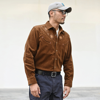 沾酱 灯芯绒复古刺绣衬衫 男士长袖纯色休闲秋冬衬衣工装咔叽复古