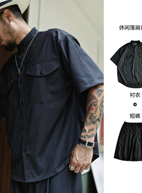 FOLLOW BACK 日系cityboy落肩宽松套装 复古衬衫短裤 户外休闲
