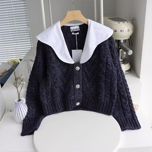 景甜同款爆款现货冬季GANNI羊毛学院风白领针织V领短款长袖毛衣