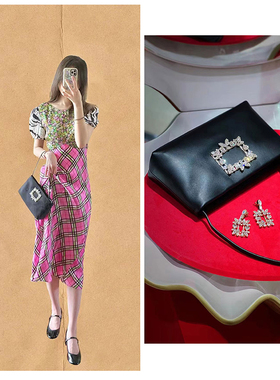 现货Roger Vivier 小牛皮RV水钻方扣Broche系列单肩腋下包手提包