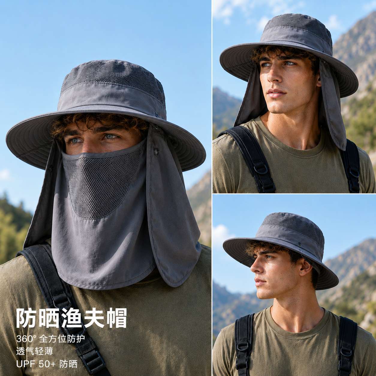 春夏速干防晒帽男女户外全包围遮脸护颈渔夫帽大檐钓鱼帽登山凉帽
