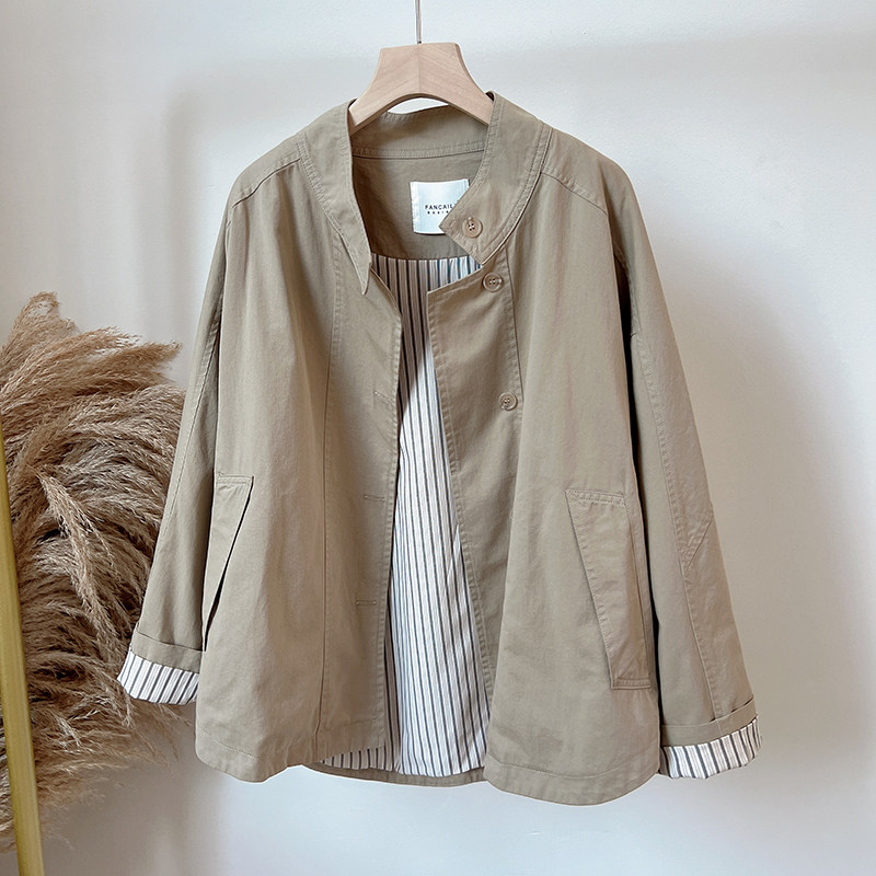 2025秋装新款宽松显瘦条纹内衬纯棉立领休闲短外套女上衣外披