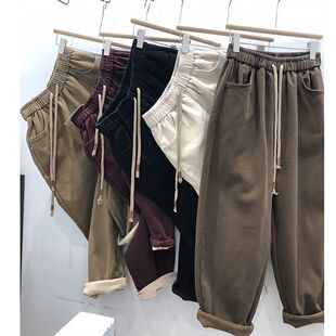加绒加厚一条过冬纯棉休闲裤女松紧腰宽松显瘦哈伦裤小脚裤女裤子