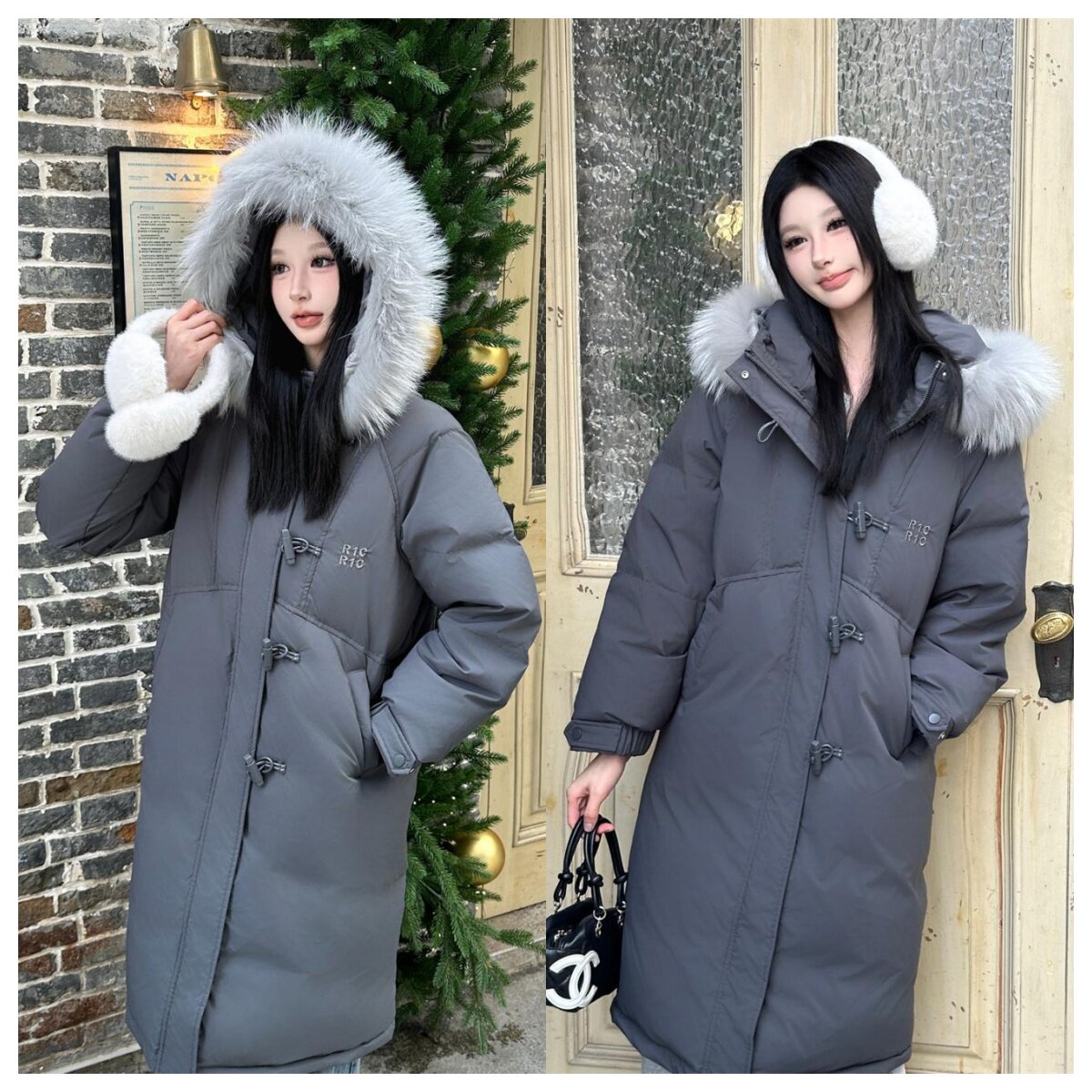 加厚貉子毛领过膝宽松女棉服