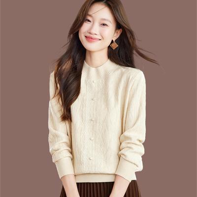 半高领蕾丝拼接毛衣女秋冬2025新款保暖套头羊毛针织衫打底上衣