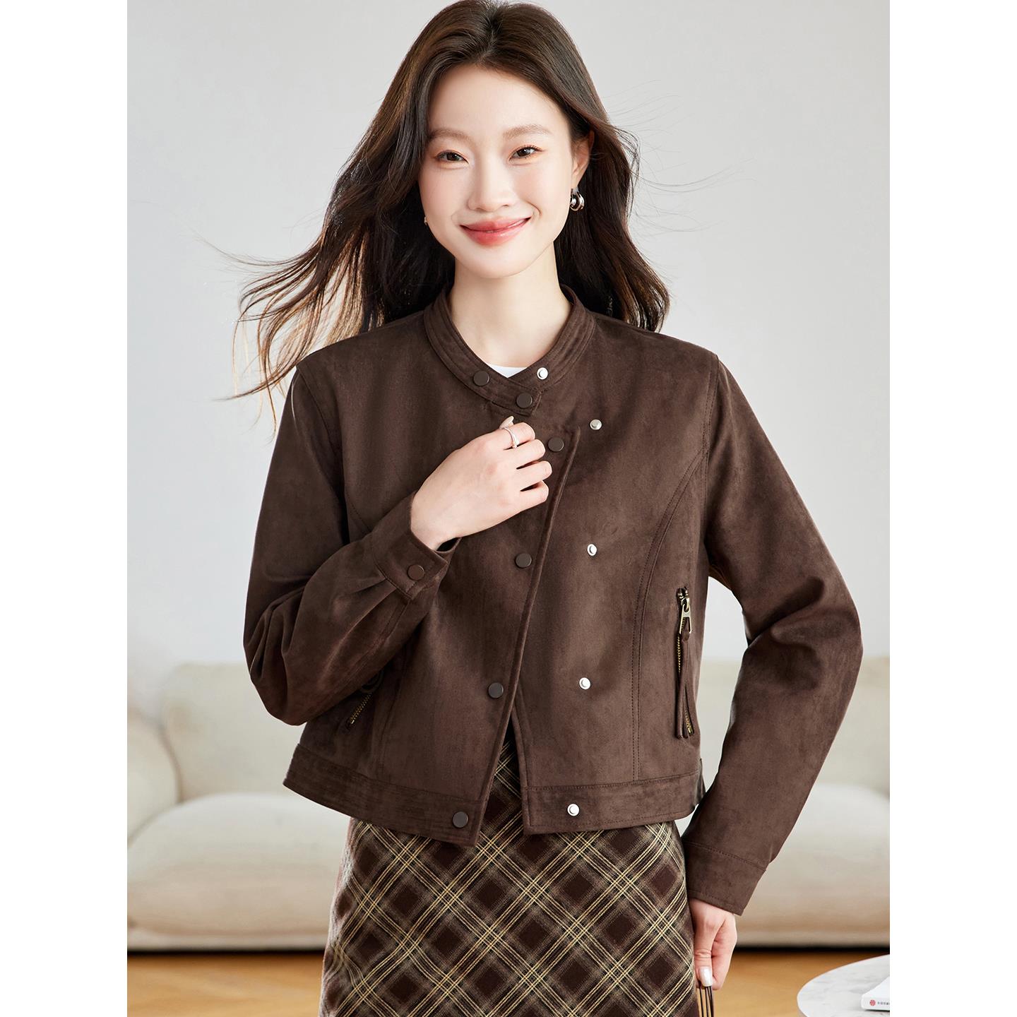 2025秋冬新款今年流行爆款覆古美拉德彷麂皮外套女短款小个子开衫