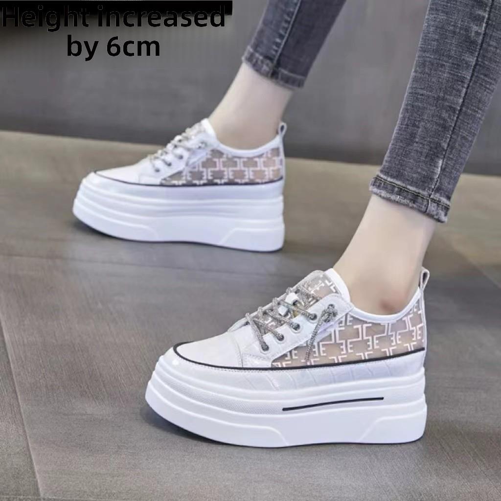 品牌真皮白色鞋子2024新款厚底厚底鞋秋季网透气多功能内增高休闲