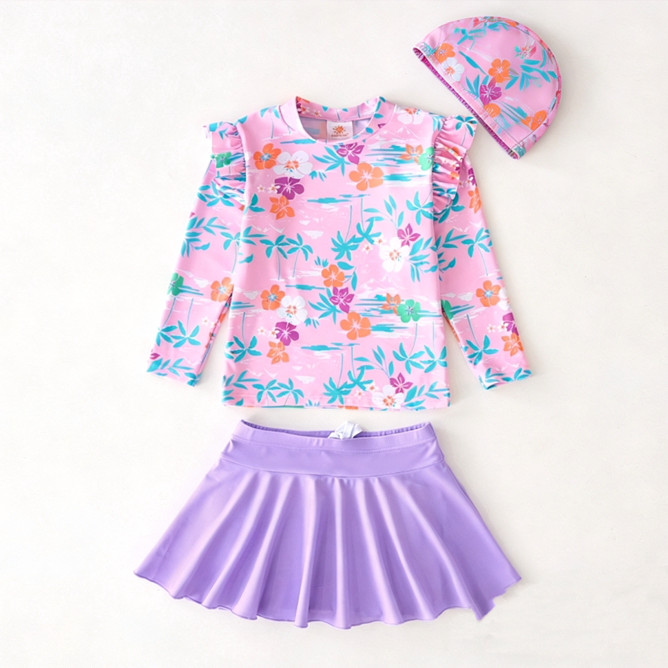 韩国韩范儿童泳衣女童长袖分体防晒速干游泳衣女孩海边沙滩冲浪服