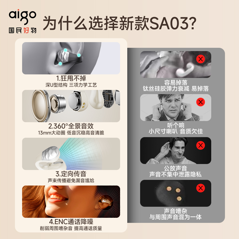 Aigo/爱国者 A70爱国者小星钻耳夹式蓝牙耳机运动无线2024新款气