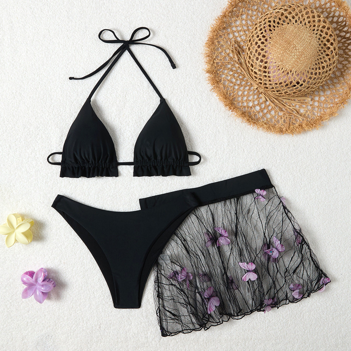 欧美新款保守泳衣女跨境纯色比基尼三件套紧身聚拢运动款