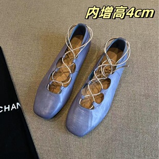 羊皮版~真皮英伦风芭蕾小皮鞋百搭内增高交叉系带时尚气质单鞋女