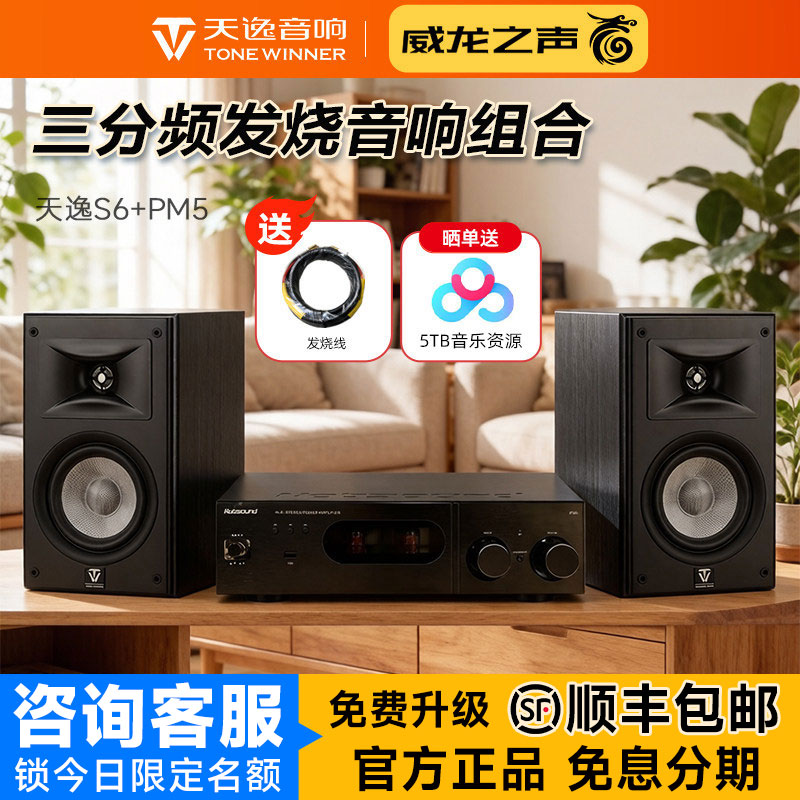天逸童笛S6+PM5高保真音箱胆机功放组合hifi发烧无源桌面音响套装