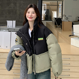 黑绿拼色短款羽绒服女冬季超火好看高级小众加绒保暖面包服厚外套，女装羽绒服，2D113