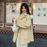 奶黄色羊毛双面呢外套女秋冬2025新款小个子甜美显瘦独特漂亮大衣，女装毛呢外套，2D113