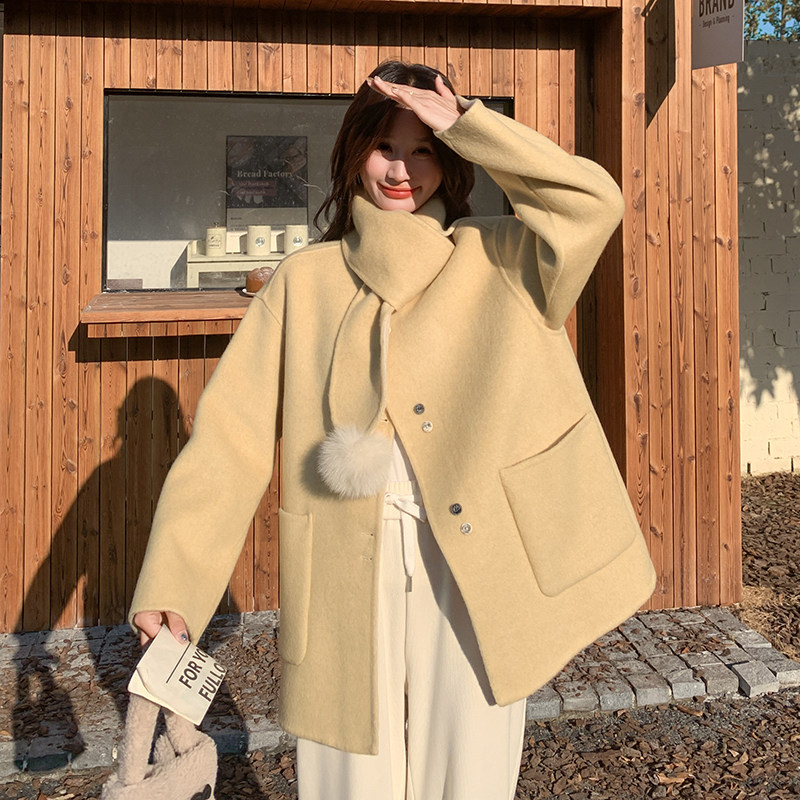 奶黄色羊毛双面呢外套女秋冬2025新款小个子甜美显瘦独特漂亮大衣图片