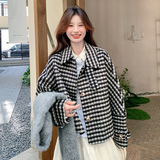 黑白拼色千鸟格短款毛呢外套女秋冬超火好看高级小众加厚夹克上衣，女装毛呢外套，2D113