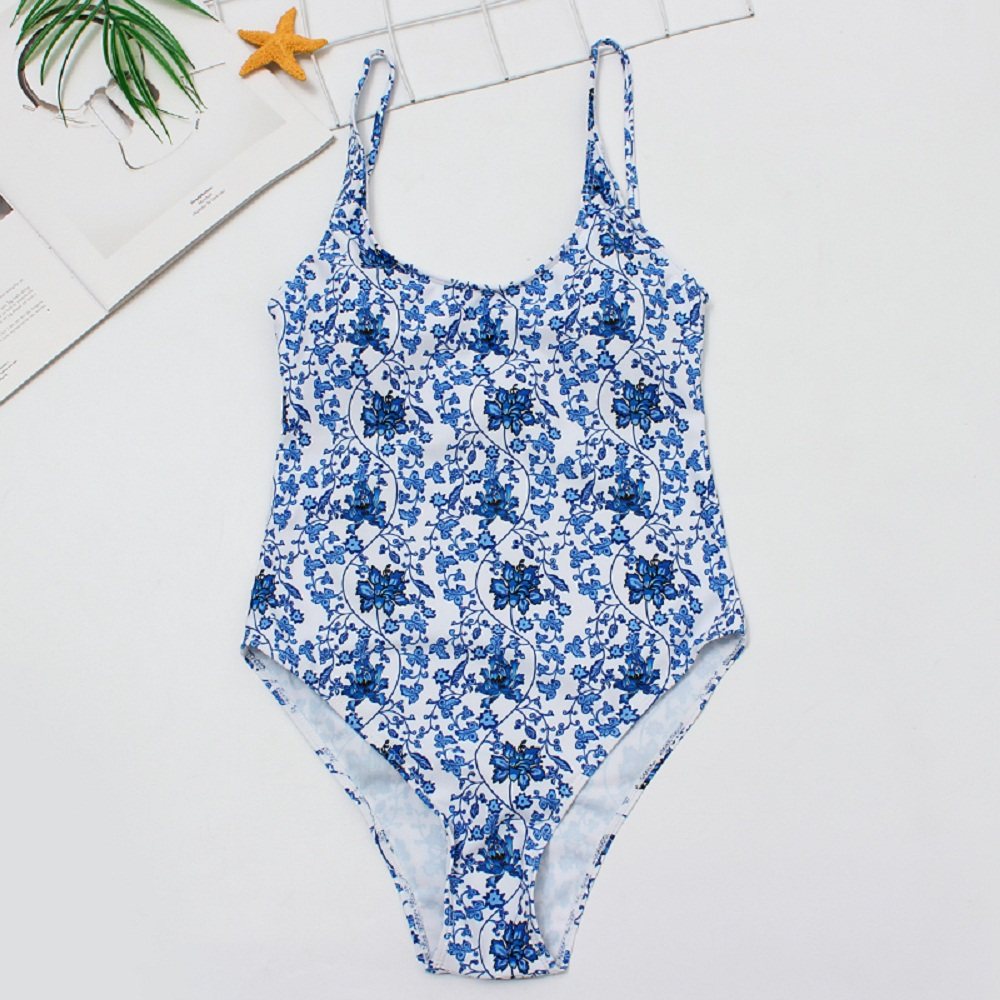 新款跨境连体泳衣欧美性感碎花印花温泉泳衣吊带泳装带胸垫 1952