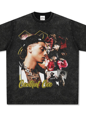 美式复古嘻哈Centralcee印花短袖T恤男街头潮流宽松百搭情侣半袖