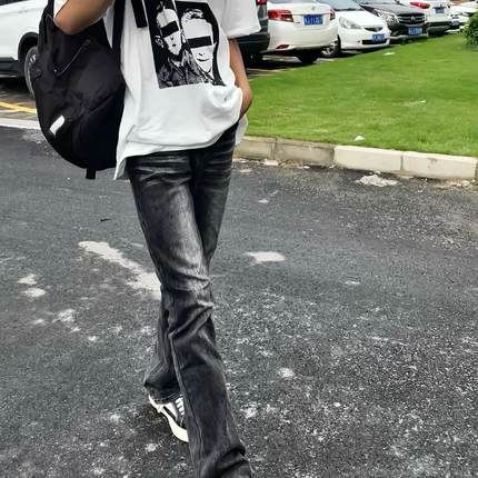 美式高街vibe风重磅水洗黑灰517质感微喇弹力修身cleanfit长裤男