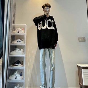 新款美式高街FOG复古飘带牛仔裤男潮网红同款直筒宽松休闲长裤子