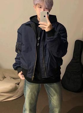 网红同款美式复古藏青色飞行员夹克外套潮牌欧美街头短款棒球服男