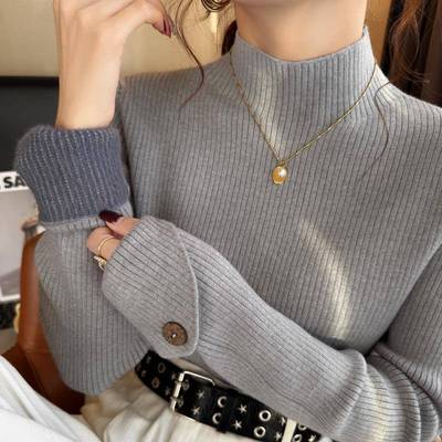 灰色半高领加绒加厚打底衫女内搭2025秋冬新款毛衣高级感针织上衣