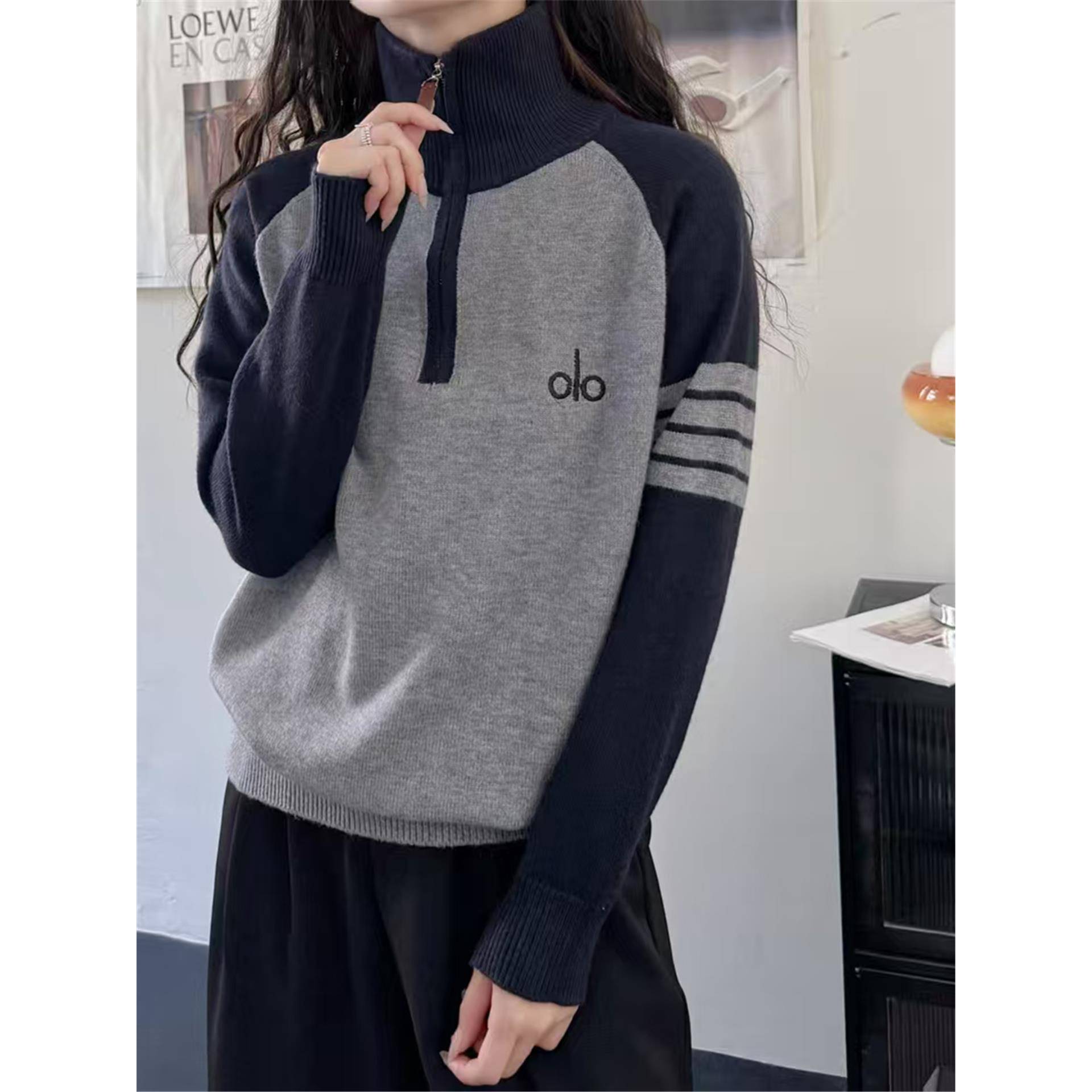 女童毛衣665秋冬新款大童初中生立领加厚内搭拼色休闲通勤针织衫