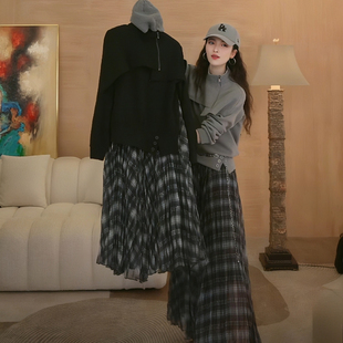 高定2026春季 高腰显瘦百搭大摆飘逸不规则裙 复古格子半身裙女长款