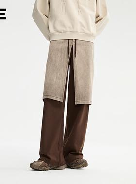 【明星同款】ORGANICEMOTION真两件针织裤双层腰头牛仔拼接休闲裤