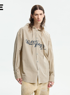 【明星同款】ORGANIC EMOTION 卡其条纹衬衫日系连帽长袖衬衫 OE