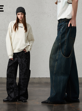 ORGANIC EMOTION 结构式大口袋复古水洗牛仔裤女宽松直筒阔腿裤OE