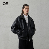 ORGANIC EMOTION翻领飞行员夹克嵌绳分割美式 复古廓形皮衣外套OE