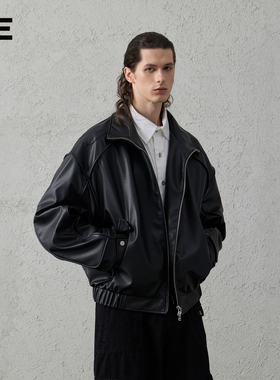 ORGANIC EMOTION翻领飞行员夹克嵌绳分割美式复古廓形皮衣外套OE