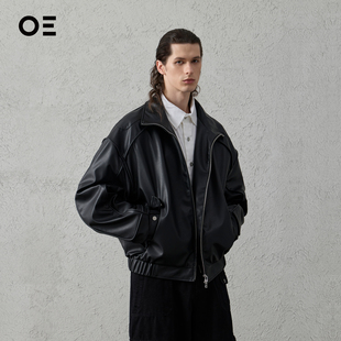 ORGANIC 复古廓形皮衣外套OE EMOTION翻领飞行员夹克嵌绳分割美式