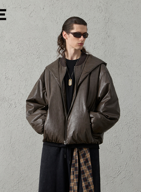 ORGANIC EMOTION飞行员夹克连帽羽绒服环保皮革解构三防厚外套OE