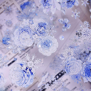 小白家文创新品映雪蓝雪花复古清新和纸PET贝壳光切模手帐胶带