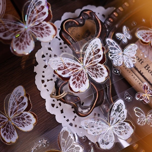 小白家文创新品蝶羽逐光贝壳金银贝壳光PET闪砂盐系模切手帐胶带