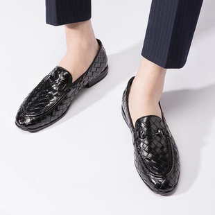 村哥牛皮夏季豆豆鞋男士英伦商务休闲皮鞋编织鞋潮流一脚蹬乐福鞋