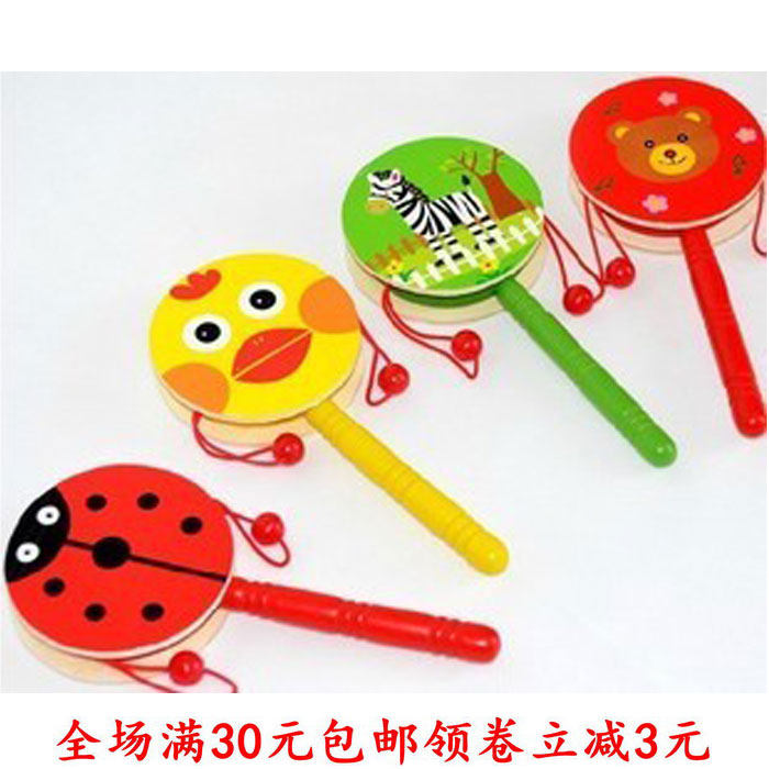 彩色木制拔浪鼓 动物水果拨浪鼓响鼓 婴儿传统益智玩具2840