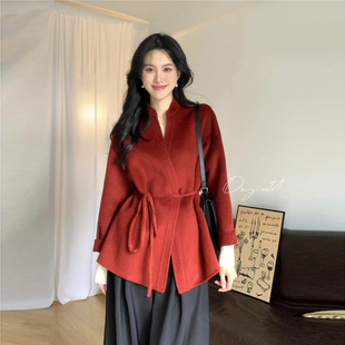新中式红色双面羊毛大衣女短款小个子秋冬新款系带毛呢外套  结婚