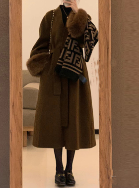 黑色双面羊绒大衣女2025秋冬新款高级感狐狸毛宽松气质羊毛呢外套