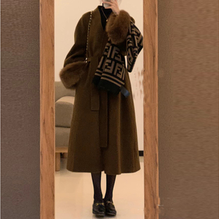 黑色双面羊绒大衣女2025秋冬新款高级感狐狸毛宽松气质羊毛呢外套